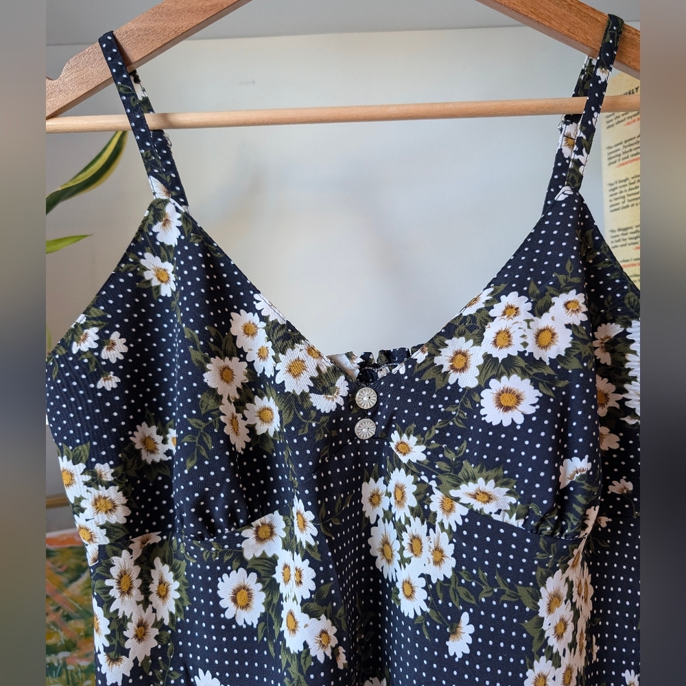 Y2K Women's Mini Slip Dress Floral Daisy Navy Blue White Polka Dot Size Large - Picture 3 of 10